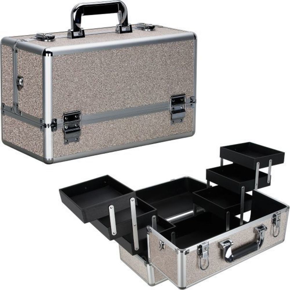 Beige Glitter 6-Tiers Accordion Makeup Train Case Professional Cosmetics Organiz